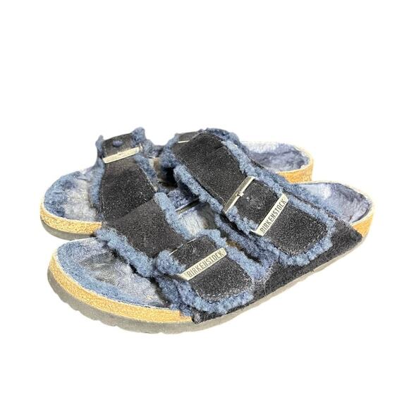 Birkenstock Navy Blue Arizona Shearling Slide Sandal Comfort Casual Boho - Picture 1 of 8